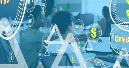 Poster - Image of triangles and crypto over diverse female coworkers in office