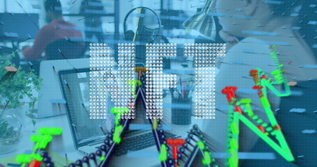 Poster - Image of nft and graphs over caucasian woman having image call on laptop
