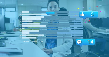 Poster - Image of social media reactions and graphs over caucasian woman in office