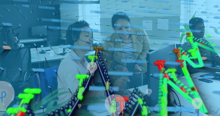 Poster - Image of graphs and bulbs over diverse female coworkers in office