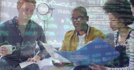 Poster - Image of data processing over business people using phone headsets