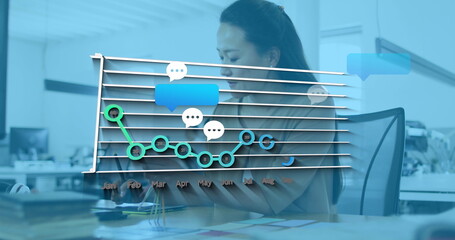 Poster - Image of social media reactions and graphs over asian woman in office