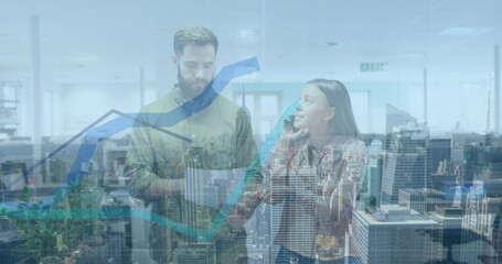 Poster - Image of financial data processing and cityscape over diverse business people