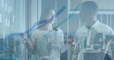 Poster - Image of financial data processing and cityscape over diverse business people