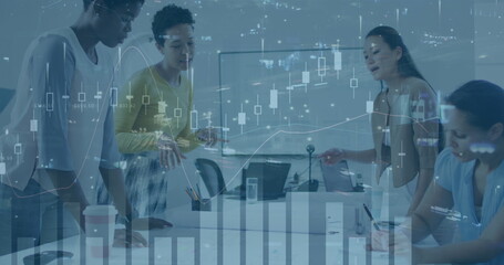 Poster - Image of financial data processing and cityscape over diverse business people