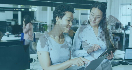 Poster - Image of world map and globe over diverse business people