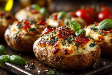Poster - Savory baked potatoes topped with cheese, spinach, and sun-dried tomatoes on a wooden tray