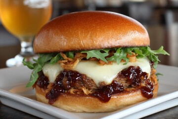 Aufkleber - Juicy hamburger topped with melted cheese, crispy onions, and barbecue sauce served on a soft bun