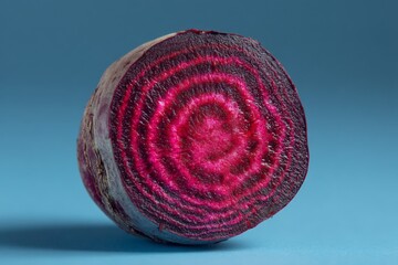 Poster - Brightly colored beetroot slice showcases intricate patterns on a blue background during a creative kitchen setting