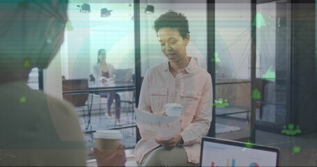Poster - Image of interference and network of connections over diverse business people in office