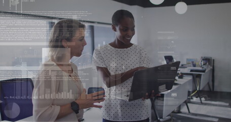 Poster - Image of data processing over diverse business people in office