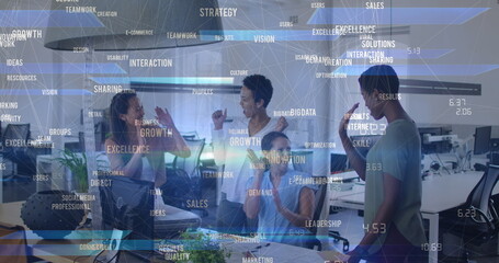 Poster - Image of data processing and network of connections over diverse business people in office