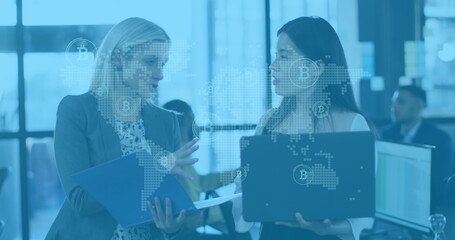 Poster - Image of data processing over business people using electronic devices
