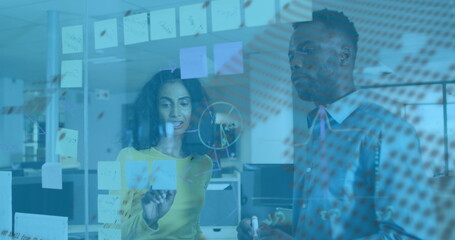 Poster - Image of financial data processing and globe over diverse business people in office