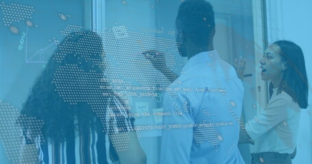 Poster - Image of financial data processing over diverse business people in office