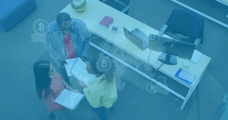 Poster - Image of world map with network icons over diverse business people in office