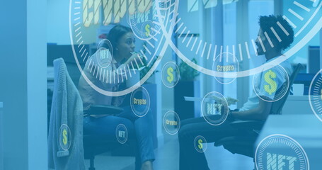 Poster - Image of scope scanning and currency symbols over diverse business people in office