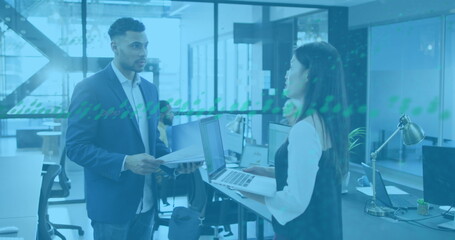 Poster - Image of financial data processing over diverse business people in office