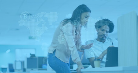 Poster - Image of world map with bitcoin symbols over diverse business people in office