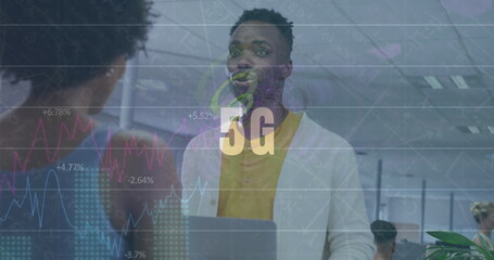 Poster - Image of data processing and 5g text over diverse business people in office