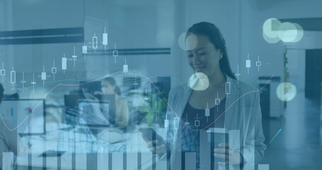 Poster - Image of financial data processing over business people working in office