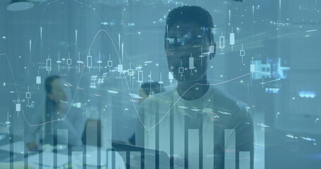 Poster - Image of financial data processing and cityscape over diverse business people in office