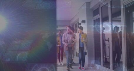 Poster - Image of data processing over diverse business people walking in office