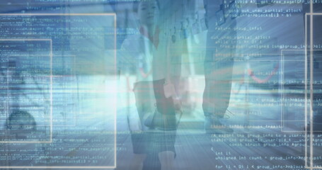 Poster - Image of data processing over caucasian businesswoman with baggage