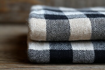 Poster - Soft checkered fabric folded neatly on a rustic wooden surface in natural light