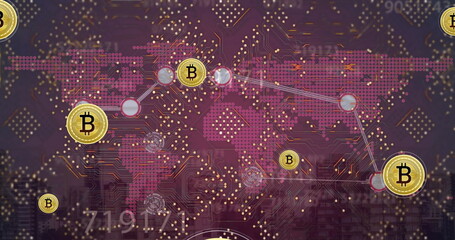 Poster - Image of data processing and bitcoins over cityscape