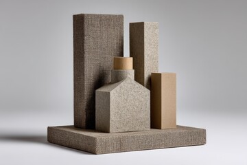 Poster - Modern geometric sculpture arrangement showcasing various materials and textures in neutral tones