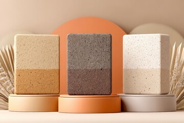 Poster - Creative display of textured soap bars in neutral colors arranged on circular pedestals