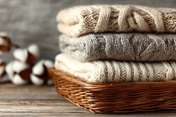 Poster - Warm knitted sweaters stacked in a woven basket on a rustic wooden table