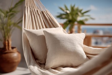 Poster - Relaxing in a cozy hammock with pillows, overlooking a scenic view during bright daylight hours