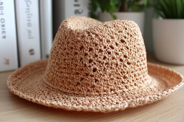 Poster - Crochet sun hat resting on a wooden surface surrounded by potted plants and books in a bright indoor setting