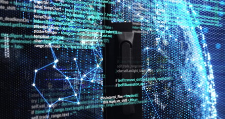 Poster - Image of data processing and shapes over server room