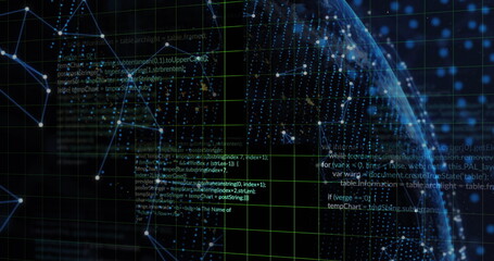 Poster - Image of data processing and shapes on black background