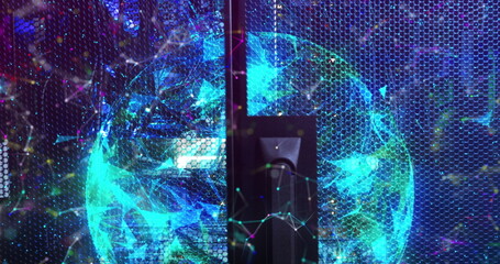 Poster - Image of moving shapes and globe over server room
