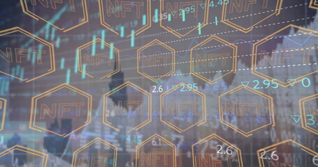 Poster - Image of graphs and hexagons over cityscape