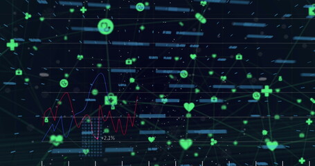 Poster - Image of graphs, financial data and icons on black background