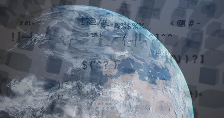 Poster - Image of globe and data processing over digital cityscape