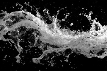 Poster - Water splashes dramatically against a black background, showcasing dynamic movement and texture in monochrome