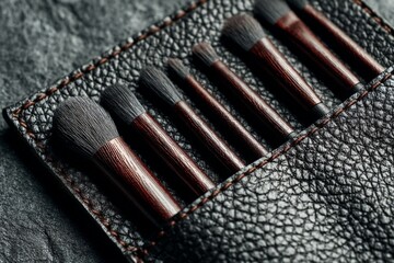 Aufkleber - Artistic makeup brushes lined in a leather case on a textured surface in a bright workshop setting