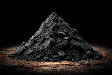 Poster - Black powder sits in a conical shape on a wooden surface illuminated by soft light in a dark setting