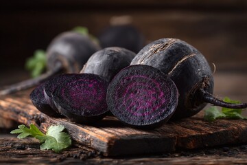 Aufkleber - Fresh black radishes sliced and displayed on a rustic wooden surface with green herbs beside them in soft lighting