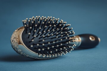 Poster - Elegant hairbrush with intricate design resting on a blue background