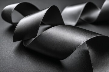 Poster - Black satin ribbon elegantly weaving across a dark surface in a creative arrangement showcasing its texture and shine