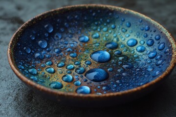 Poster - Raindrops collect on a beautifully glazed ceramic dish in vibrant blue hues showing intricate colors and patterns