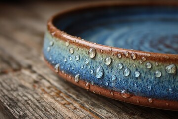 Poster - Ceramic dish with water droplets on wooden surface, showcasing texture and color contrast in natural light