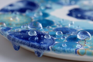 Poster - Close-up view of water droplets on a vibrant blue ceramic plate displaying intricate patterns
